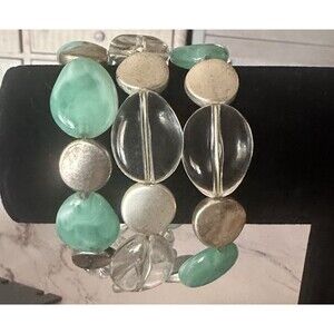 Chunky Stretch Bracelet Aqua Seafoam Lucite Bead Silver Tone Multi Strand